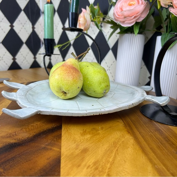 Ceramic Turtle Tray Gray Glazed Footed Platter, Coastal Cottage Style - Picture 7 of 8